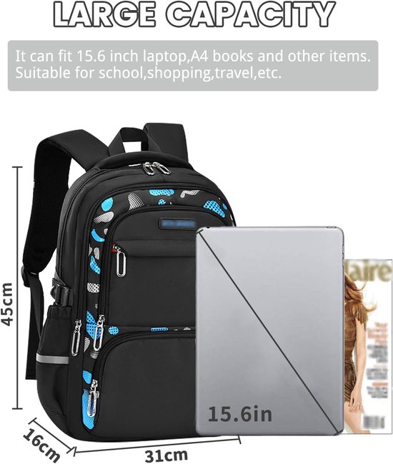 Afmetingen van de zwarte rugzak met blauw en grijs camouflagepatroon: 45 cm hoog, 16 cm diep en 31 cm breed. Naast een tablet van 15,6 inch.