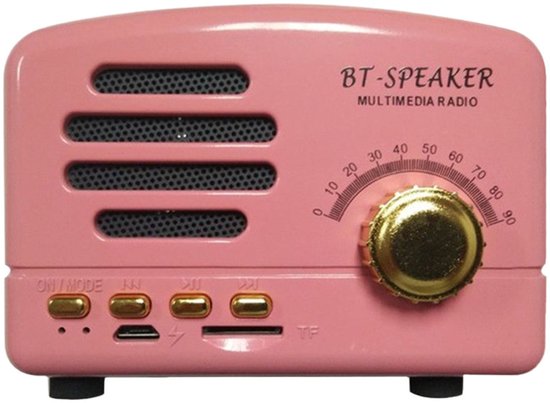 Retro Bluetooth speaker roze 3W draagbaar 1200 mAh batterij 5-8 uur afspeeltijd FM-radio microfoon