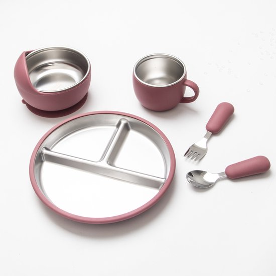 5 pièces - Assiette enfant - Assiette bébé en acier inoxydable - Sans BPA - Antidérapante - Incassable - Amovible - Convient aux enfants de 1 à 3 ans - Comprend assiette, bol, tasse, fourchette, cuillère - Rose
