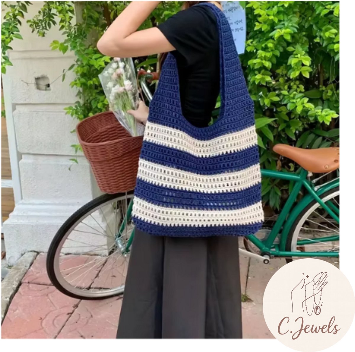 Trendy Boho tas - Dames - Marineblauw - Wit - Gestreepte - Schoudertas - Handgemaakt - Ruime Shopper