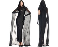Joya Party® Verkleedjurk Dames Vampier Bruid Halloween | Zwarte Jurk Geest met Cape & Handschoenen | Gothic Verkleedkostuum Vrouw | Lange Stretch Jurk met Capuchon | Halloween Outfit Carnaval Cosplay | Maat XL
