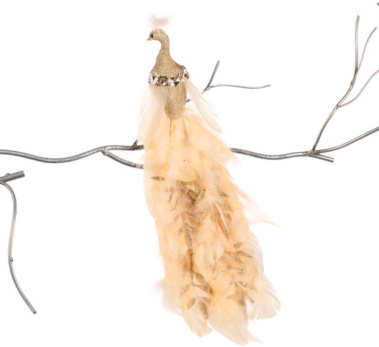 Paon de Noël Goodwill sur une falaise Vraies plumes-strass Wit-Crème Longueur 41 cm