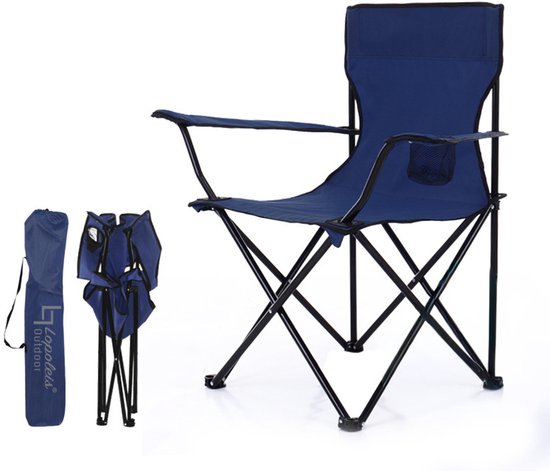 Blauwe klapstoel, ingeklapte stoel en draagtas met 'Lopoleis outdoor' opdruk.
