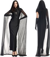 Joya Party® Verkleedjurk Dames Vampier Bruid Halloween | Zwarte Jurk Geest met Cape & Handschoenen | Gothic Verkleedkostuum Vrouw | Lange Stretch Jurk met Capuchon | Halloween Outfit Carnaval Cosplay | Maat S