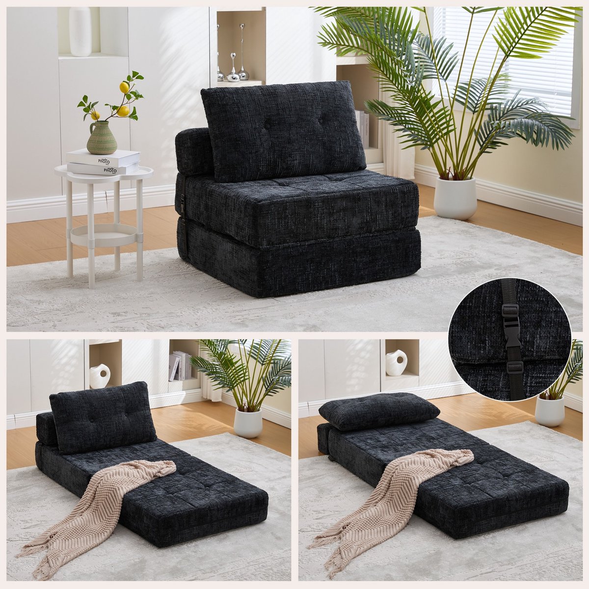 PHOEBE CAT Slaapbank - Opvouwbaar bed - Met kussens - Draagbare bank - Zwart