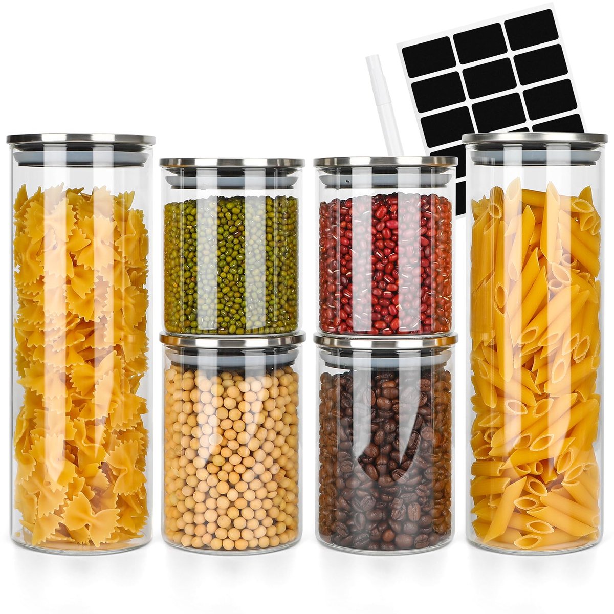 Azomor® Set van 6 glazen voorraadpotten met luchtdichte deksel voor keukenopslag