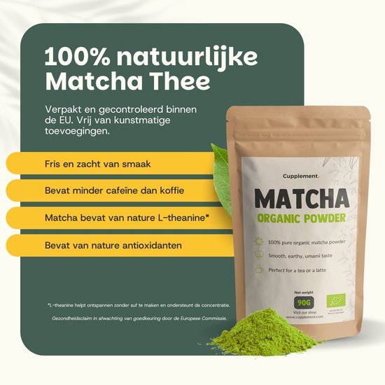 Cupplement Matcha Poeder Biologisch 90 gram - Thee – Detox thee - Energie - Matcha Poeder - Matcha whisk matcha set - 90 dagen voorraad per zakje
