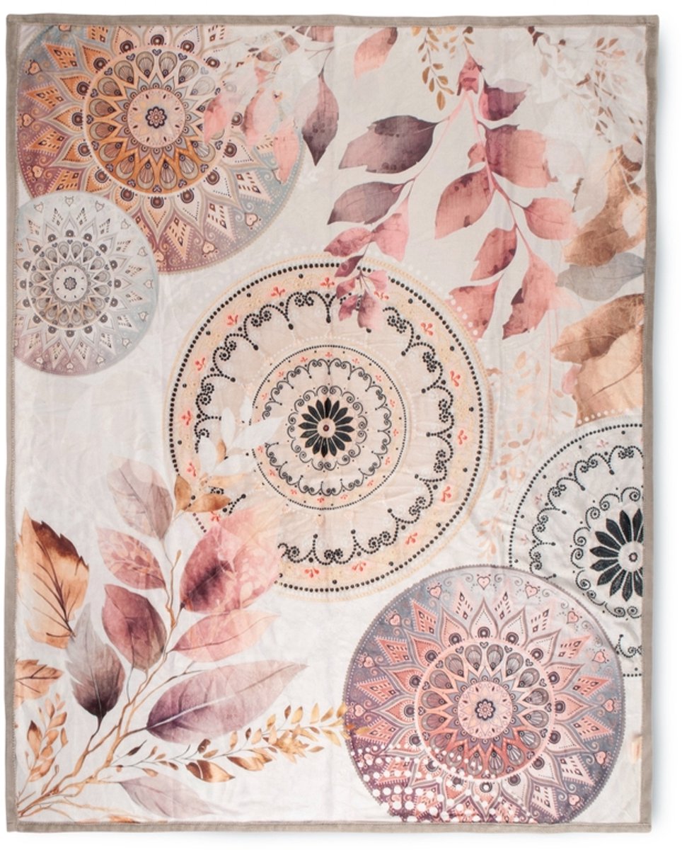 HIP Plaid 130x160 cm - Mandala en Bladeren Print - Grijs/Roze - Polyvelvet - Oeko-Tex Gecertificeerd