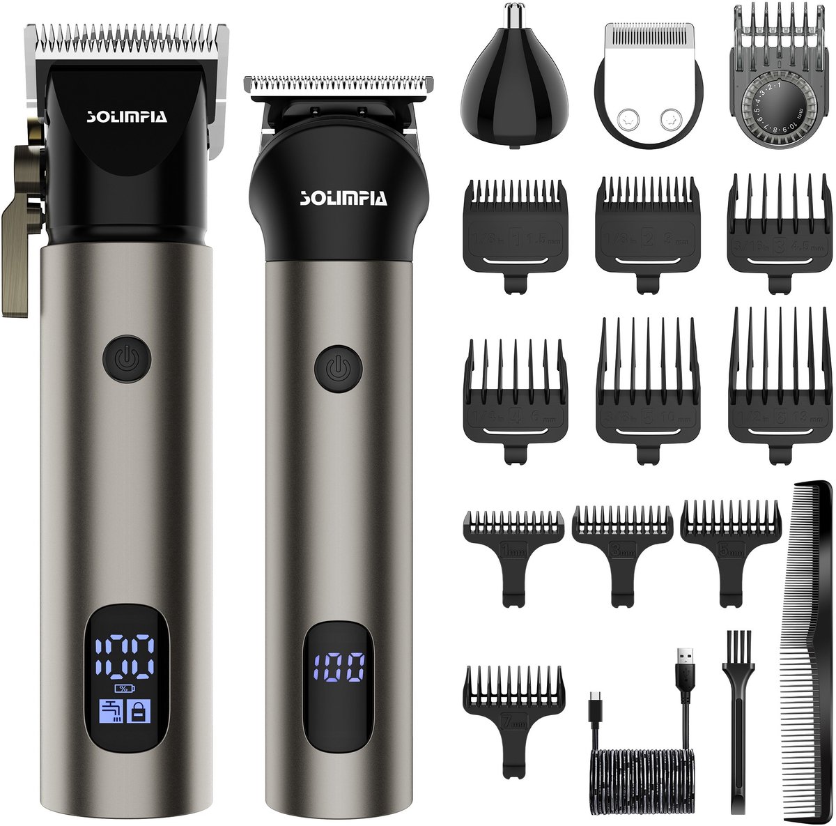 Hatteker Professionele 3-in-1 Tondeuse Set voor Mannen – Draadloze – Haartrimmer, T-Blade Trimmer en Neustrimmer – Complete Grooming Set – Grijze