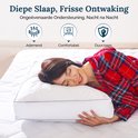 Een vrouw in een rode ruit pyjama slaapt op een wit kussen. Iconen voor ademend, comfortabel en duurzaam worden getoond.