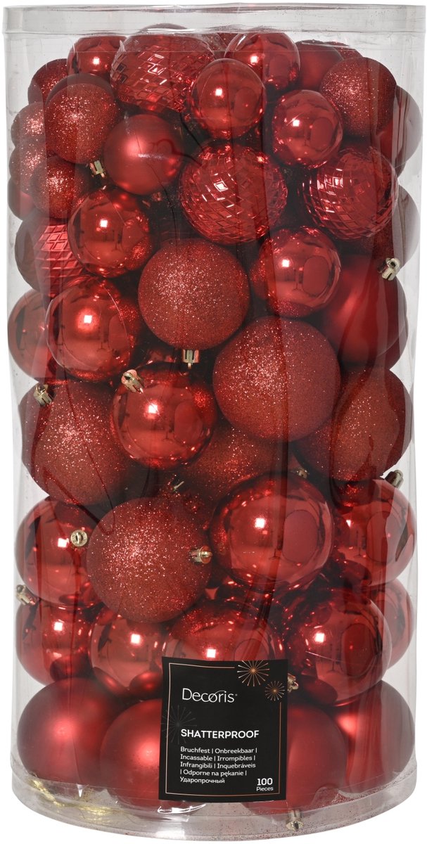 Decoris kunststof kerstballen mix kerstrood 100 stuks