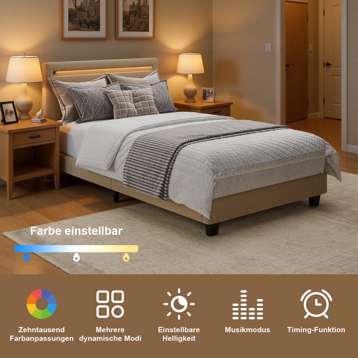 Xbro Gestoffeerd Bed 90 x 200 cm – met Bedhoofdbord LED-Verlichting – Eenpersoonsbed met Hoofdbord en Lattenbodem – Beige — cadeau in Cadeau-ideeën - foto 7