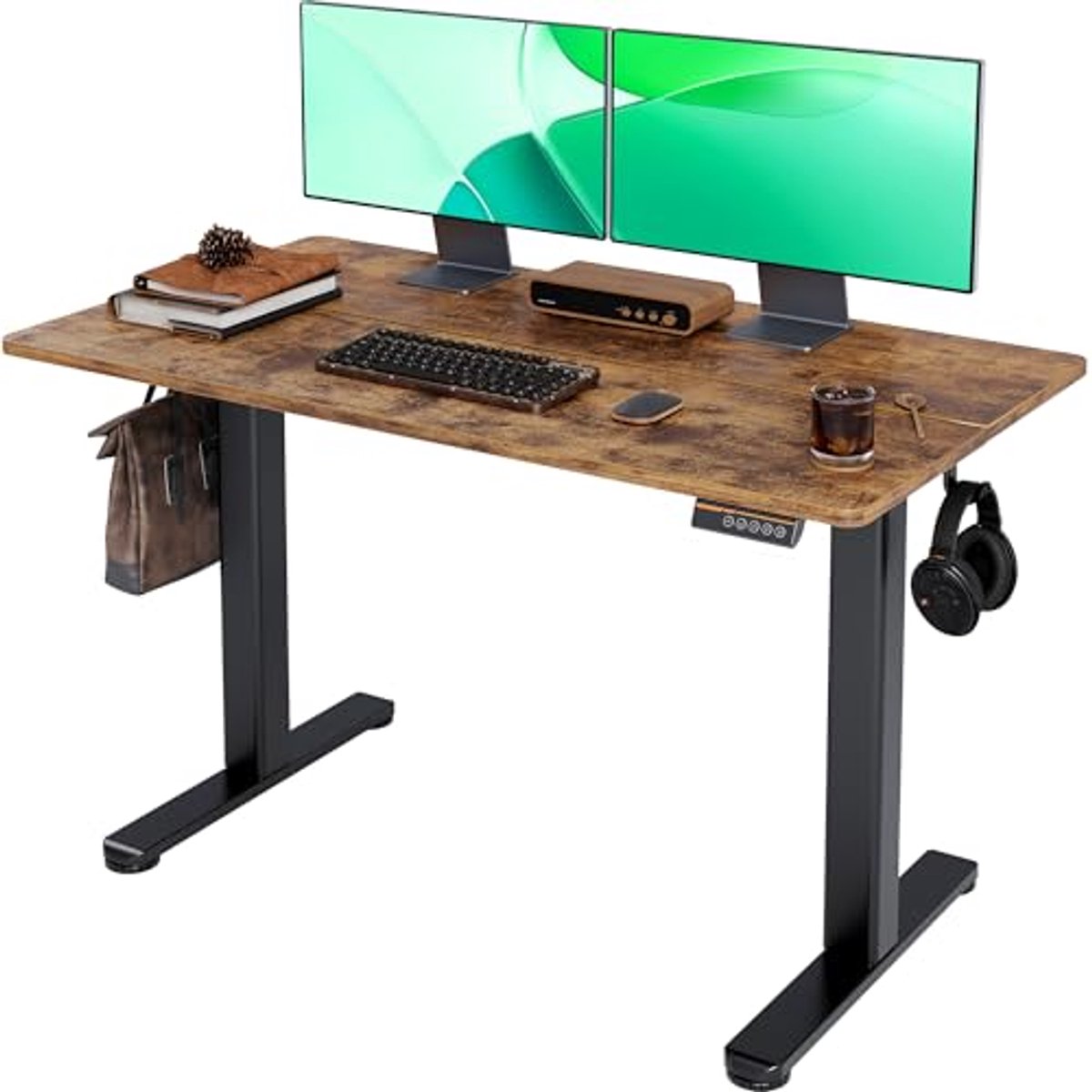 Hoogte Verstelbaar Elektrisch Sta-Bureau met Splitplank voor Thuiswerk - 112 x 61 cm - Zwart en Rustiek Bruin