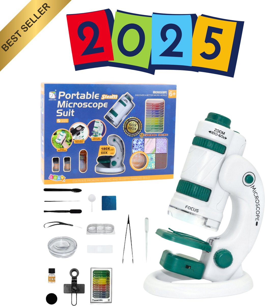 Draagbare Educatieve Microscoop voor Kinderen 2-in-1 – 60x/180x Vergroting met LED Verlichting – Inclusief Accessoires & Telefoonhouder – Speelgoed 1 jaar - Leerzaam Wetenschappelijk Speelgoed + Gratis E-Book