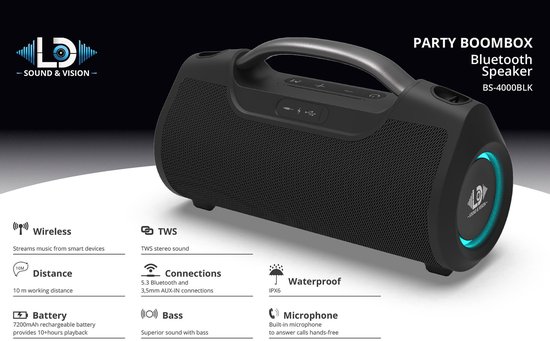 Bluetooth Party Boombox LD Sound & Vision BS-4000BLK — afbeelding 3