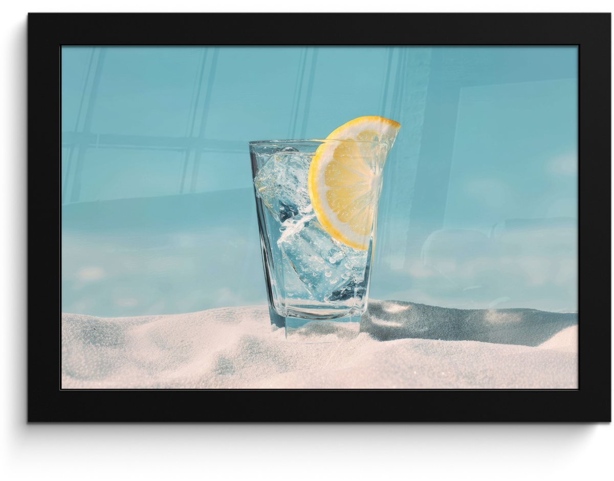 FrameYourWall Poster in lijst - Fotolijst 30x20 cm - Posters - Glas - ijsblokjes - Citroen - Posterlijst zwart - Decoratie - Wanddecoratie woonkamer - Muurdecoratie slaapkamer