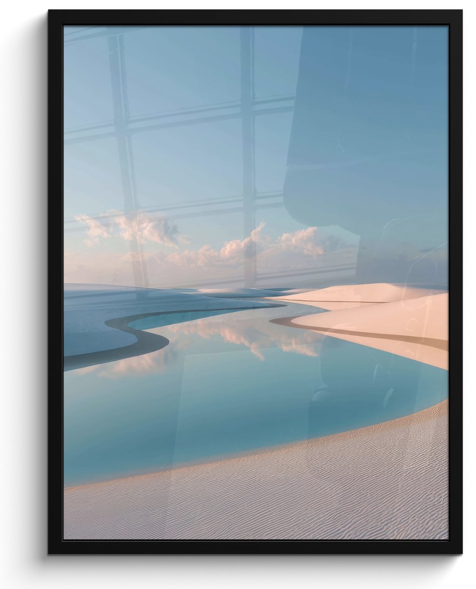 FrameYourWall Poster in lijst - Fotolijst 60x80 cm - Posters - Duinen - Waterplas - Oneindige rust - Posterlijst zwart - Decoratie - Wanddecoratie woonkamer - Muurdecoratie slaapkamer