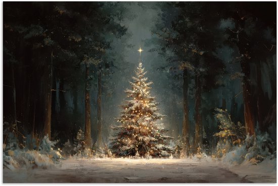 Poster 90x60 cm - Kerstboom - Bos - Sneeuw - meerkleurig - Posters - Kamer decoratie - Wanddecoratie woonkamer - Muurdecoratie slaapkamer - Kerstversiering - Kerstdecoratie voor binnen - Kerstmis