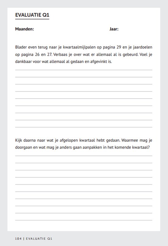 Pagina met evaluatievragen voor het eerste kwartaal, met ruimte voor antwoorden.