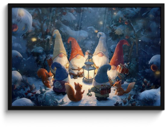 Poster in lijst - Fotolijst 90x60 cm - Posters - Winter - Gnooms - Eekhoorns - Meerkleurig - Posterlijst zwart - Decoratie - Wanddecoratie woonkamer - Muurdecoratie slaapkamer - Kerstversiering - Kerstdecoratie voor binnen - Kerstmis