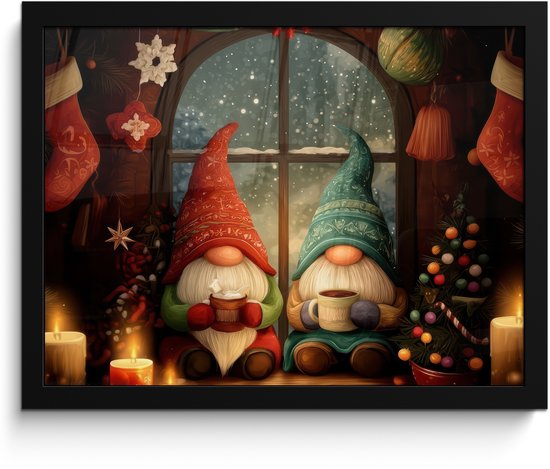 Poster in lijst - Fotolijst 40x30 cm - Posters - Gnooms - Kerst - Raam - Kleurrijk - Posterlijst zwart - Decoratie - Wanddecoratie woonkamer - Muurdecoratie slaapkamer - Kerstversiering - Kerstdecoratie voor binnen - Kerstmis