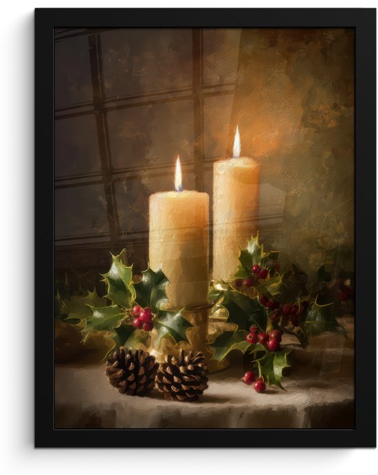 Poster in lijst - Fotolijst 30x40 cm - Posters - Kaarslicht - Kerst - Veelkleurig - Posterlijst zwart - Decoratie - Wanddecoratie woonkamer - Muurdecoratie slaapkamer - Kerstversiering - Kerstdecoratie voor binnen - Kerstmis