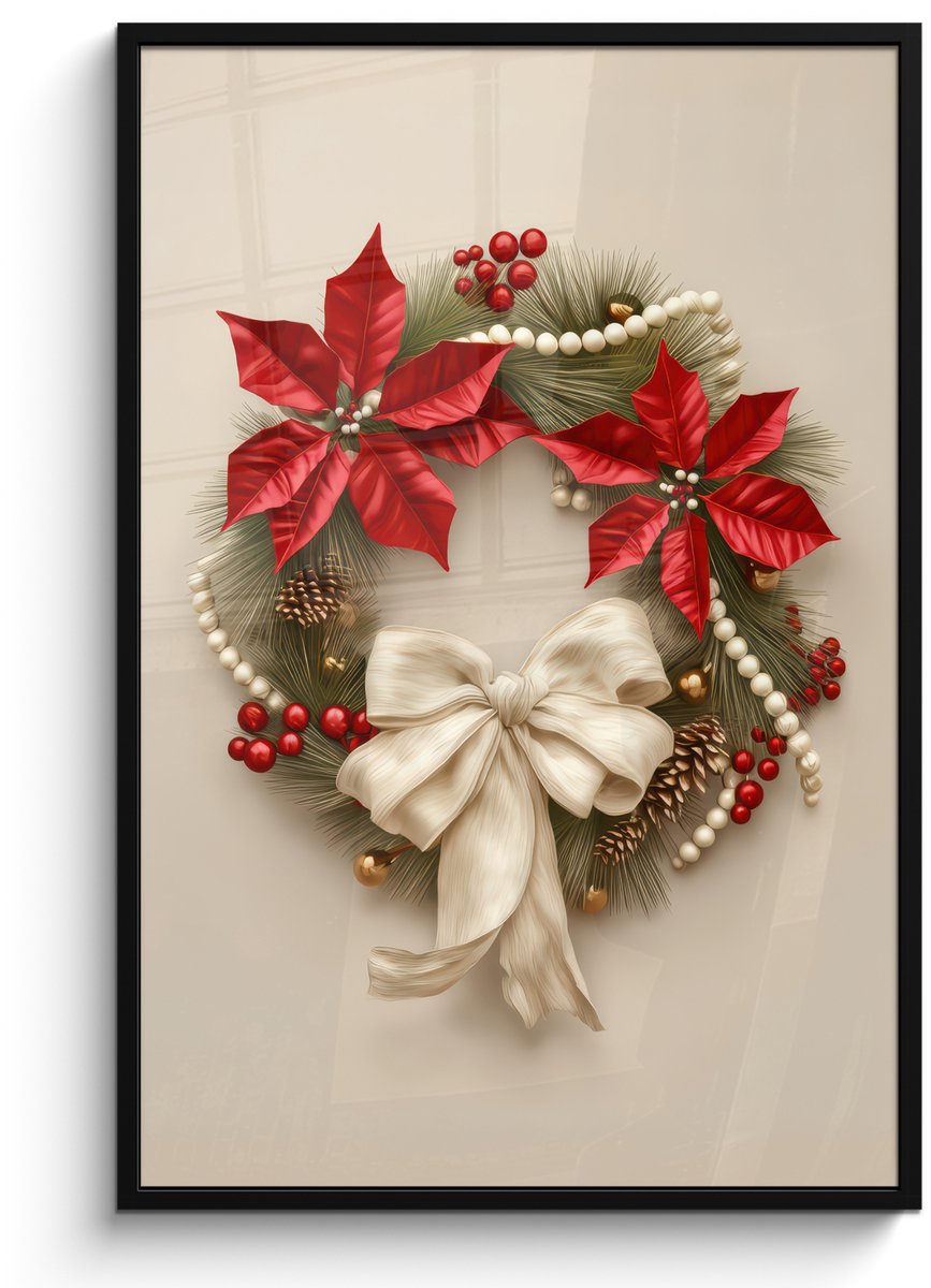 FrameYourWall Poster in lijst - Fotolijst 80x120 cm - Posters - Deurkrans - Strik - Kerst - Rood - Groen - Posterlijst zwart - Decoratie - Wanddecoratie woonkamer - Muurdecoratie slaapkamer - Kerstversiering - Kerstdecoratie voor binnen - Kerstmis