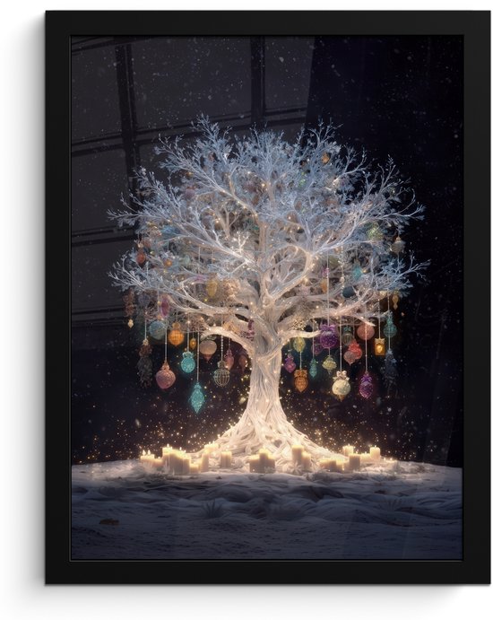 Poster in lijst - Fotolijst 30x40 cm - Posters - Sneeuwboom - Lichtjes - Wit - Kleurrijk - Posterlijst zwart - Decoratie - Wanddecoratie woonkamer - Muurdecoratie slaapkamer - Kerstversiering - Kerstdecoratie voor binnen - Kerstmis