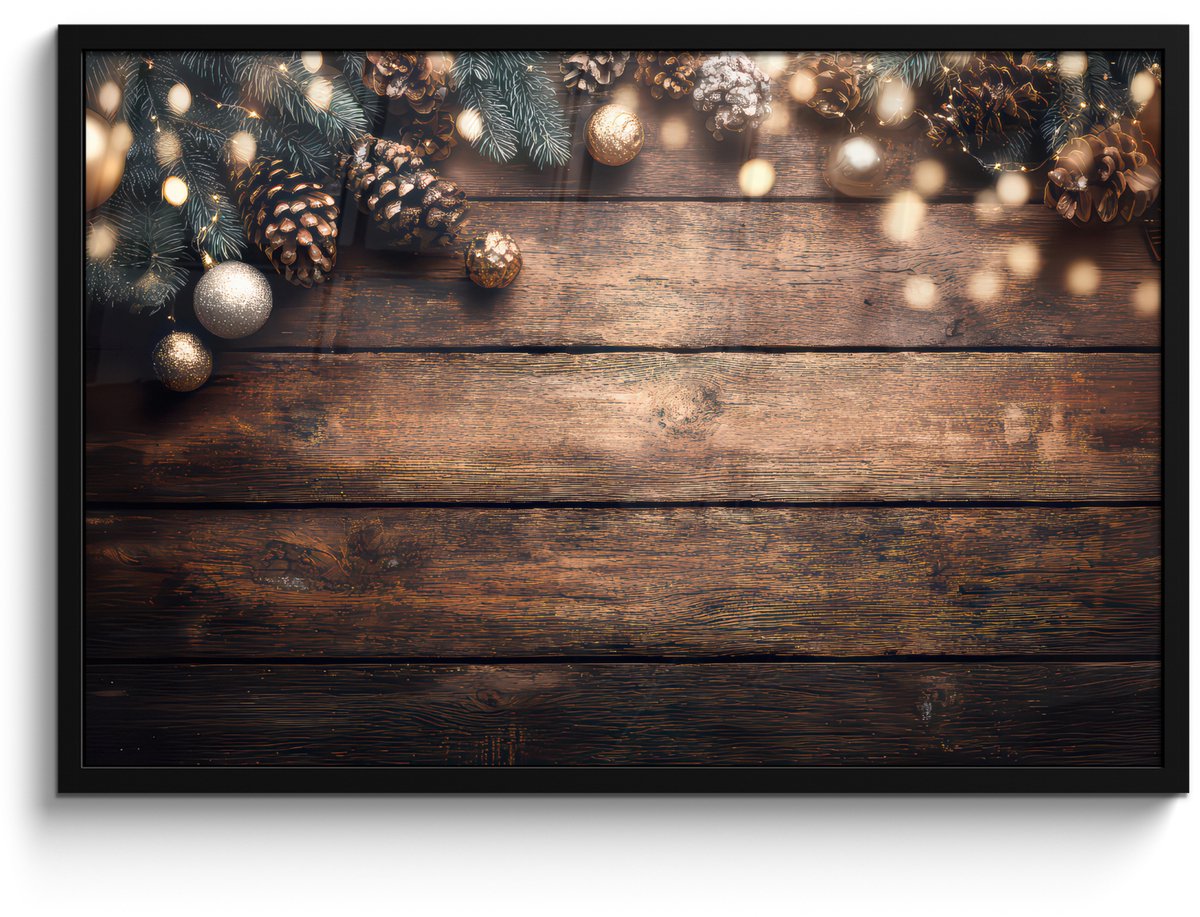 FrameYourWall Poster in lijst - Fotolijst 90x60 cm - Posters - Kerstdecoratie - Houten - Dennenappel - Bruin - Posterlijst zwart - Decoratie - Wanddecoratie woonkamer - Muurdecoratie slaapkamer - Kerstversiering - Kerstdecoratie voor binnen - Kerstmis