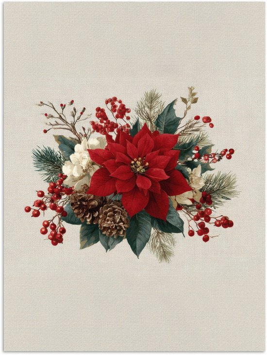 Poster 60x80 cm - Kerststuk - Poinsettia - Dennenappels - Rood - Posters - Kamer decoratie - Wanddecoratie woonkamer - Muurdecoratie slaapkamer - Kerstversiering - Kerstdecoratie voor binnen - Kerstmis