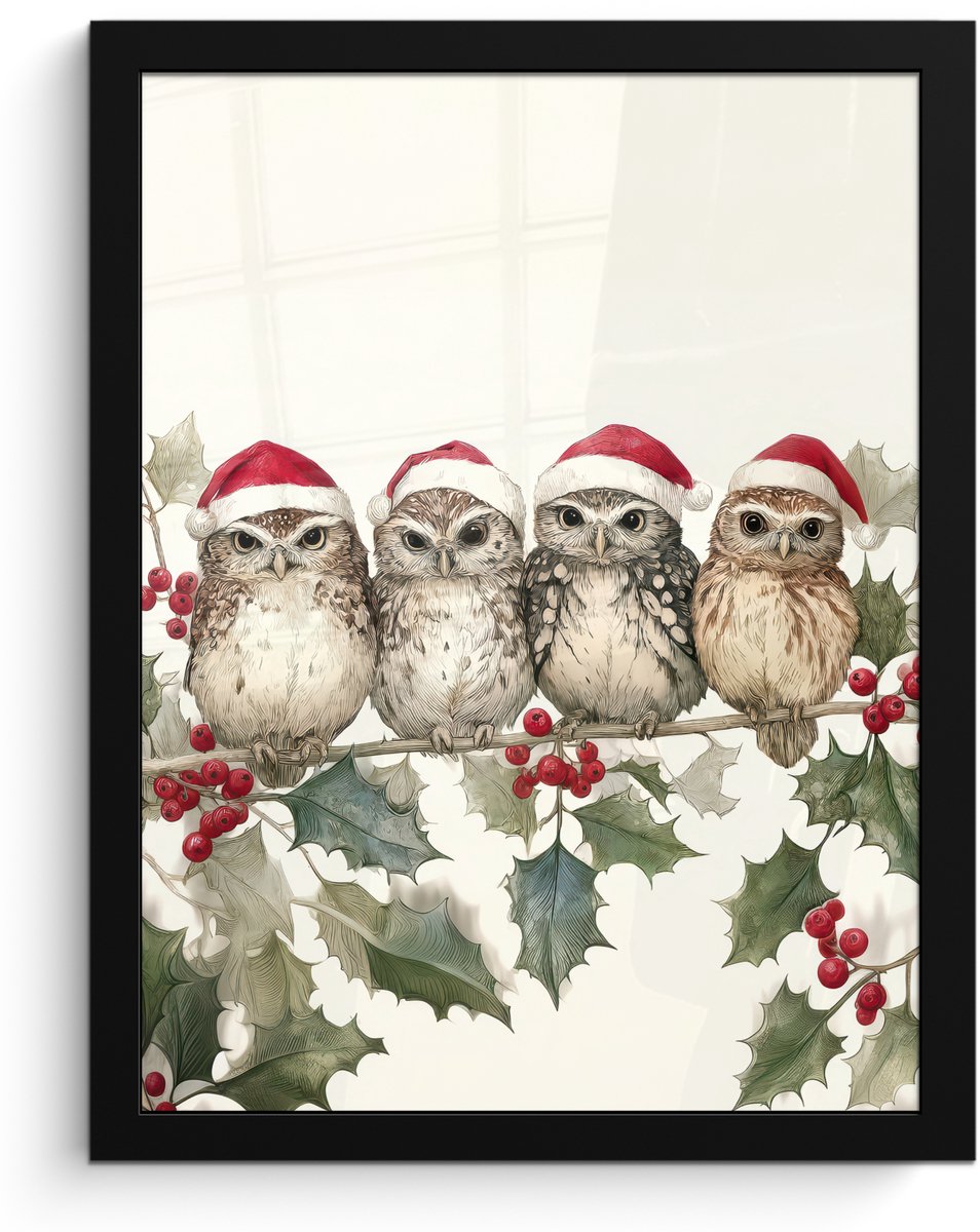 FrameYourWall Poster in lijst - Fotolijst 30x40 cm - Posters - Uilen - Tak - Hulstblaadjes - Kerstmuts - Posterlijst zwart - Decoratie - Wanddecoratie woonkamer - Muurdecoratie slaapkamer - Kerstversiering - Kerstdecoratie voor binnen - Kerstmis