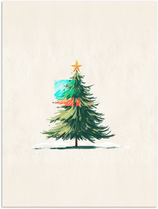 Poster 30x40 cm - Kerstboom - Illustratie - Ster - Sneeuw - Posters - Kamer decoratie - Wanddecoratie woonkamer - Muurdecoratie slaapkamer - Kerstversiering - Kerstdecoratie voor binnen - Kerstmis