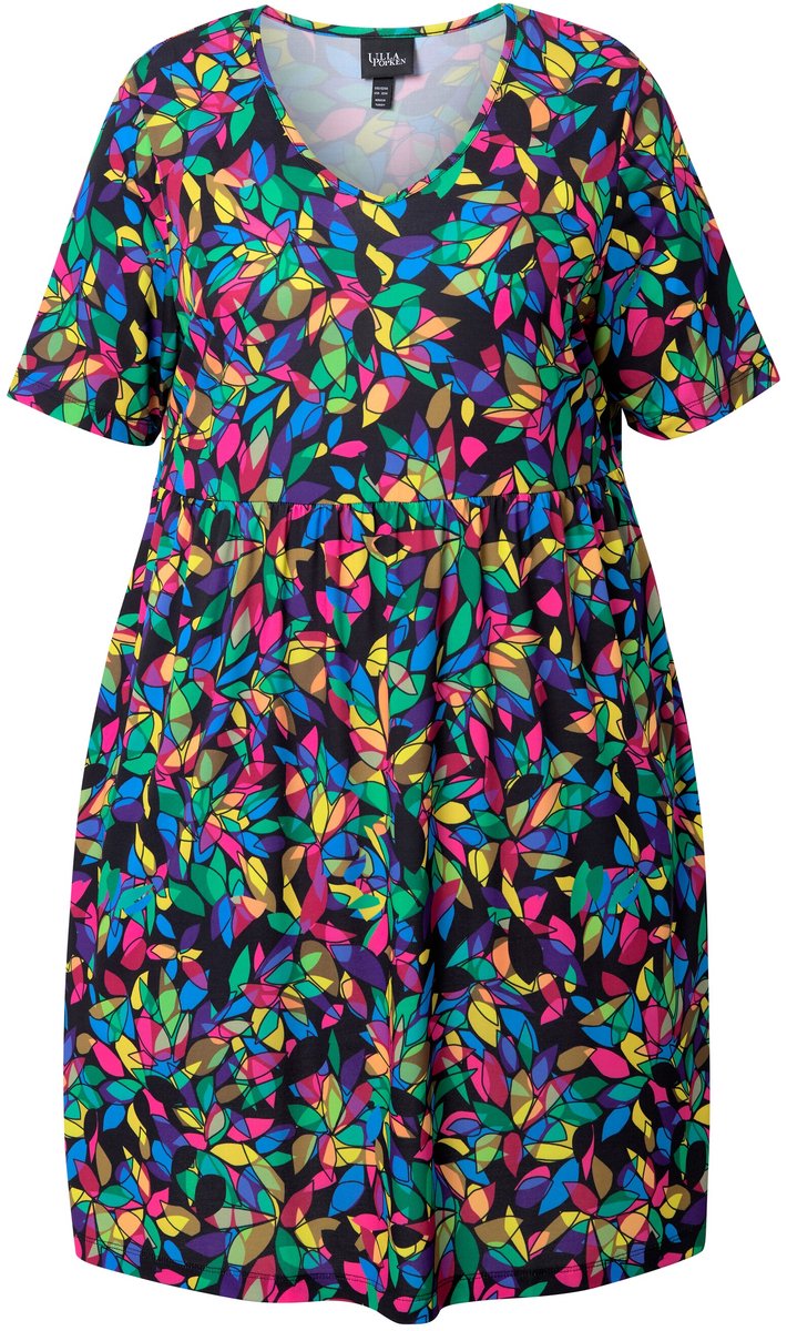 Ulla Popken Dames - Longshirt A-lijn V-halslijn halve mouwen zakken - Zwart - Maat 54+