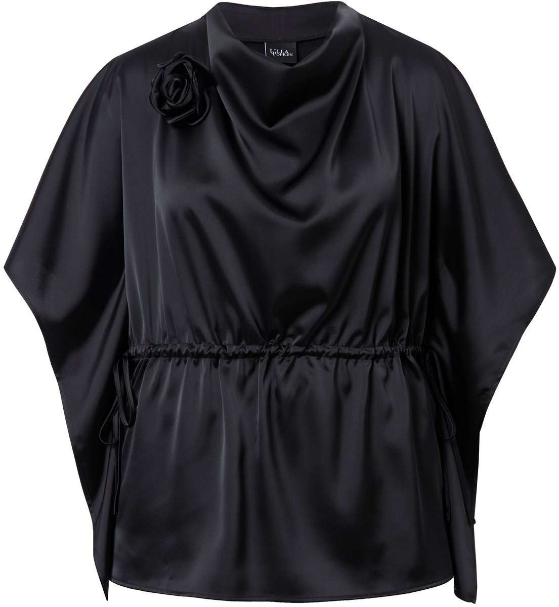 Ulla Popken - Dames - Shirtblouse oversized watervalhals korte mouwen - Zwart - Maat 54+