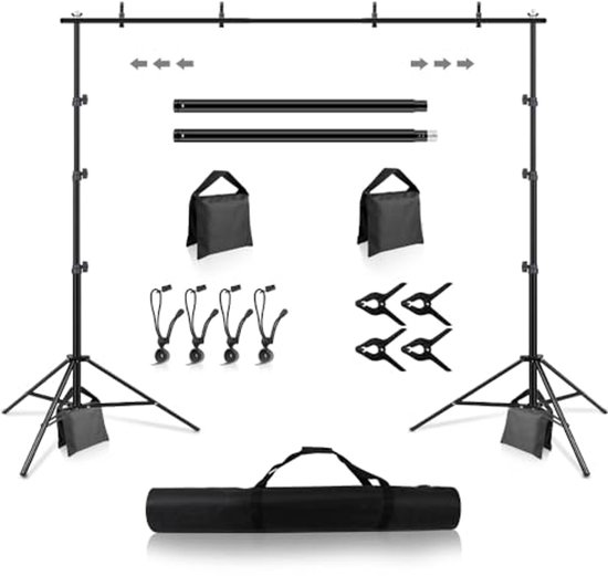 Support Fond Photo 2m x 3m, Support de Fond Réglable Professionnel avec 4 Pinces et 2 Sacs Sable