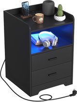 Nachtkastje Sofa-tafel met LED-verlichting, nachtkastje met oplaadstation, 2 laden voor slaapkamer, woonkamer Zwart