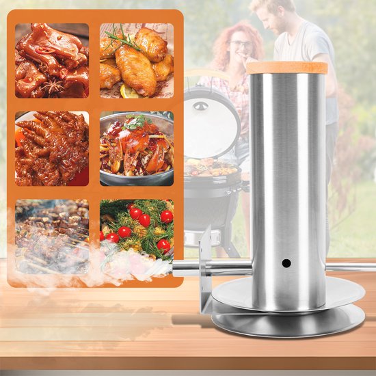 RVS rookgenerator bij een barbecue, met foto's van gerookt vlees en vis.