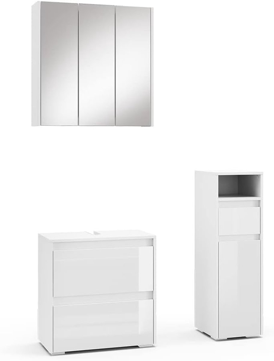 Majest Luxe Badkamermeubel Set 3-delig – Wit Hoogglans – Spiegelkast + Wastafelonderkast + Midi Kast – Push-to-Open Laden & Legplanken – Moderne Badkamerkastenset