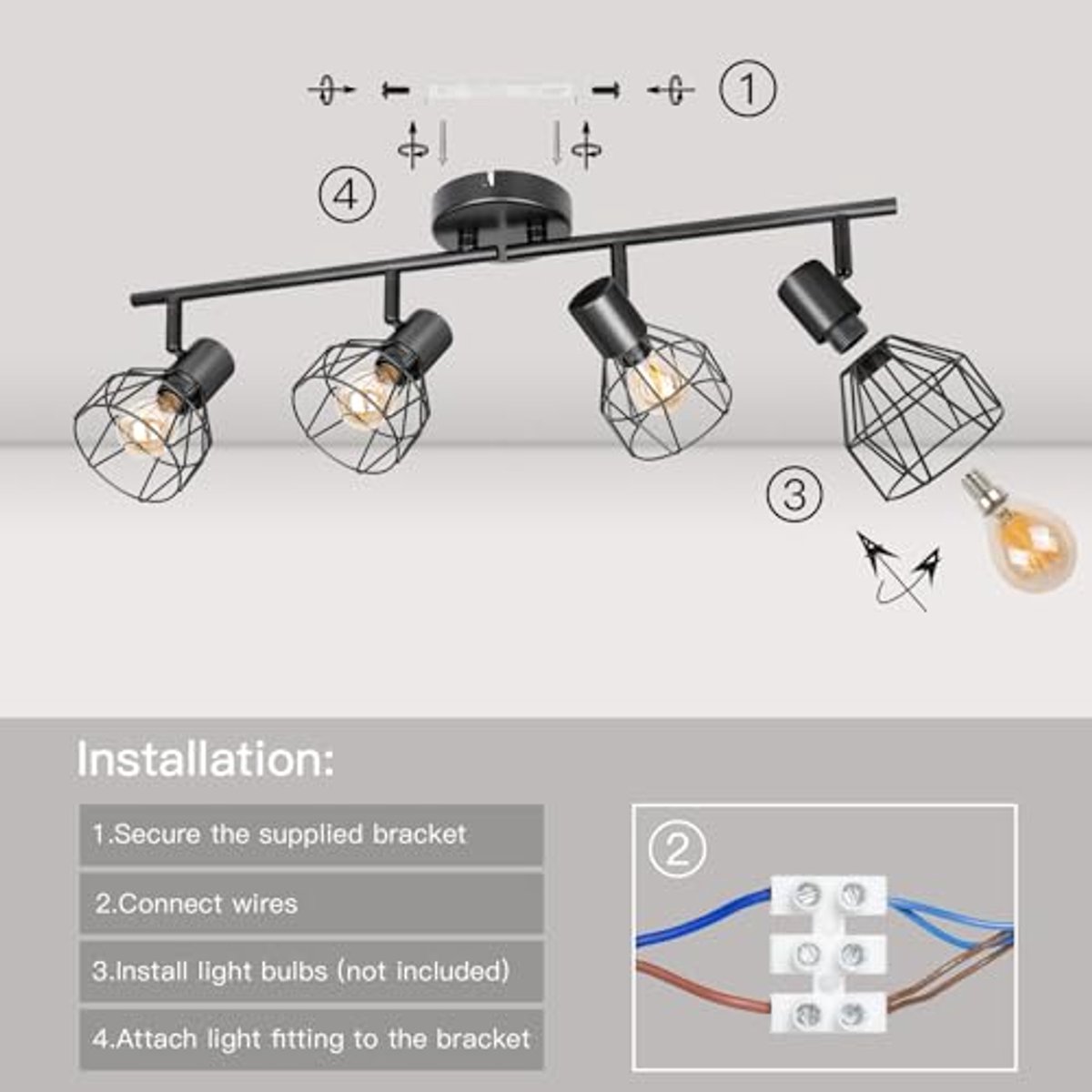 Draaibare Zwarte Plafondlamp met 4 Spots voor Binnen - E14 Fitting