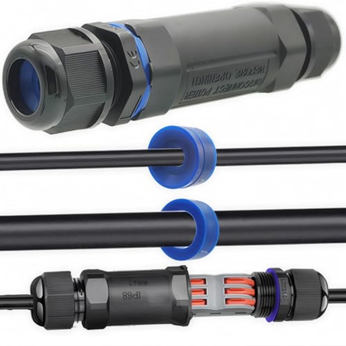 Waterdichte kabelconnector IP68 met 3-pins aansluitblok - Elektrische verlengkabel connexie voor binnen & buiten