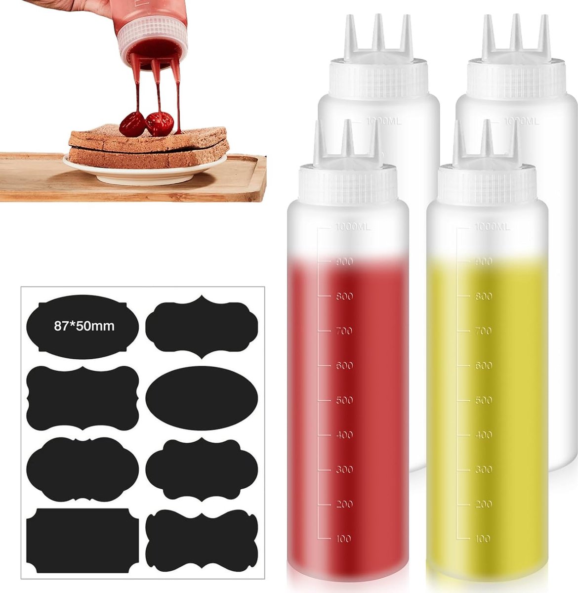 Image of 4pcs Squeeze Bottles - 1000ml Ketchup Fles met 3 Nozzles - Saus Fles met Meetlat - Lekvrij - Multi-Pressed Grote Squeeze Fles voor Ketchup, Sauzen, Mayonaise, Mosterd