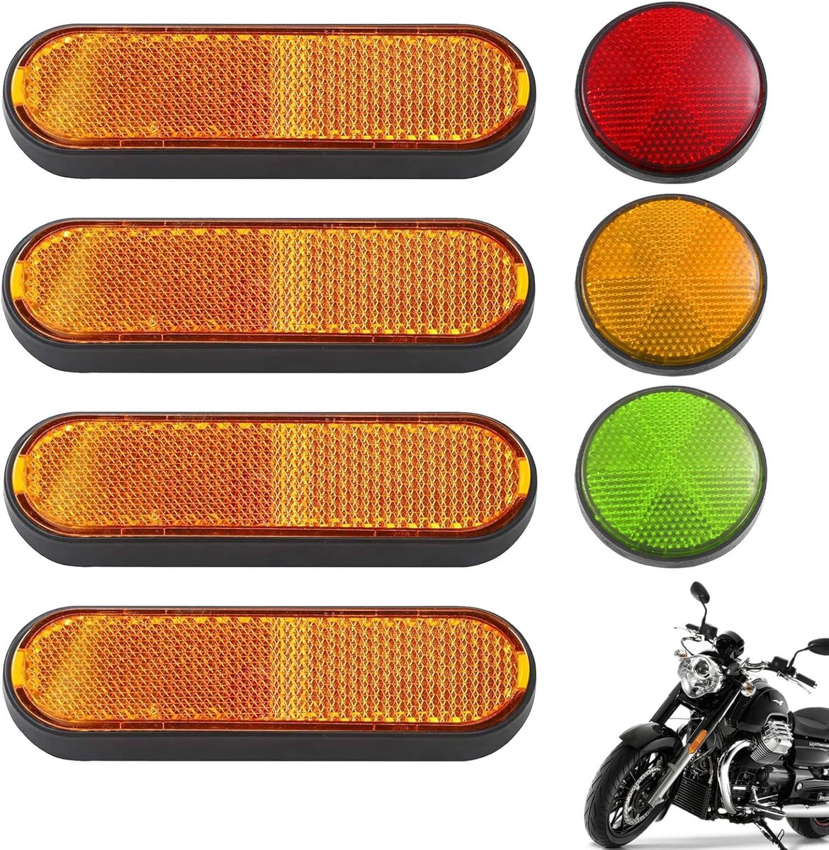 Motorcycle Retro Reflectors – 4 Pieces, 100 mm x 30 mm, Colour: Orange, Red, Green, Yellow, Self-adhesive, High Visibility