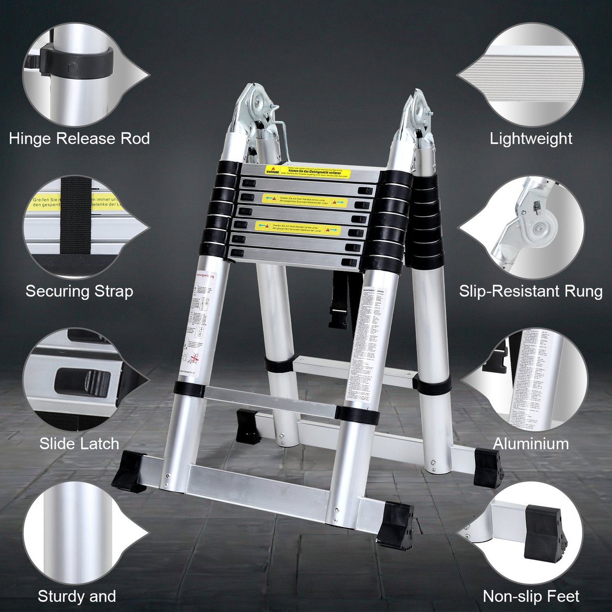Telescopische ladder 5 m, vouwladder, uittrekbare, antislip aluminium staande ladder, multifunctioneel, 150 kg belastbaarheid – foto 4