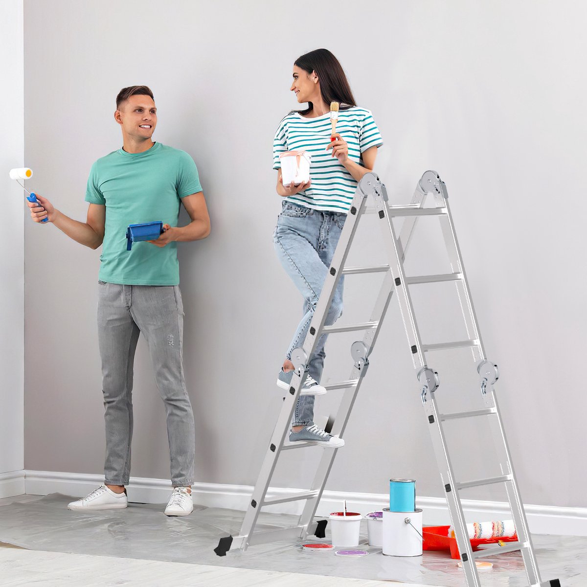 Multifunctionele vouwladder 6 in 1 - 5.82M Vouwladder 4 x 5 treden met platform - Draagvermogen tot 150 kg, Aluminium Ladder, Mobiele Multifunctionele Ladder met Werkplatform, Stelling, Aluminium Rolsteiger, Huishoudladder - Zilver – foto 8