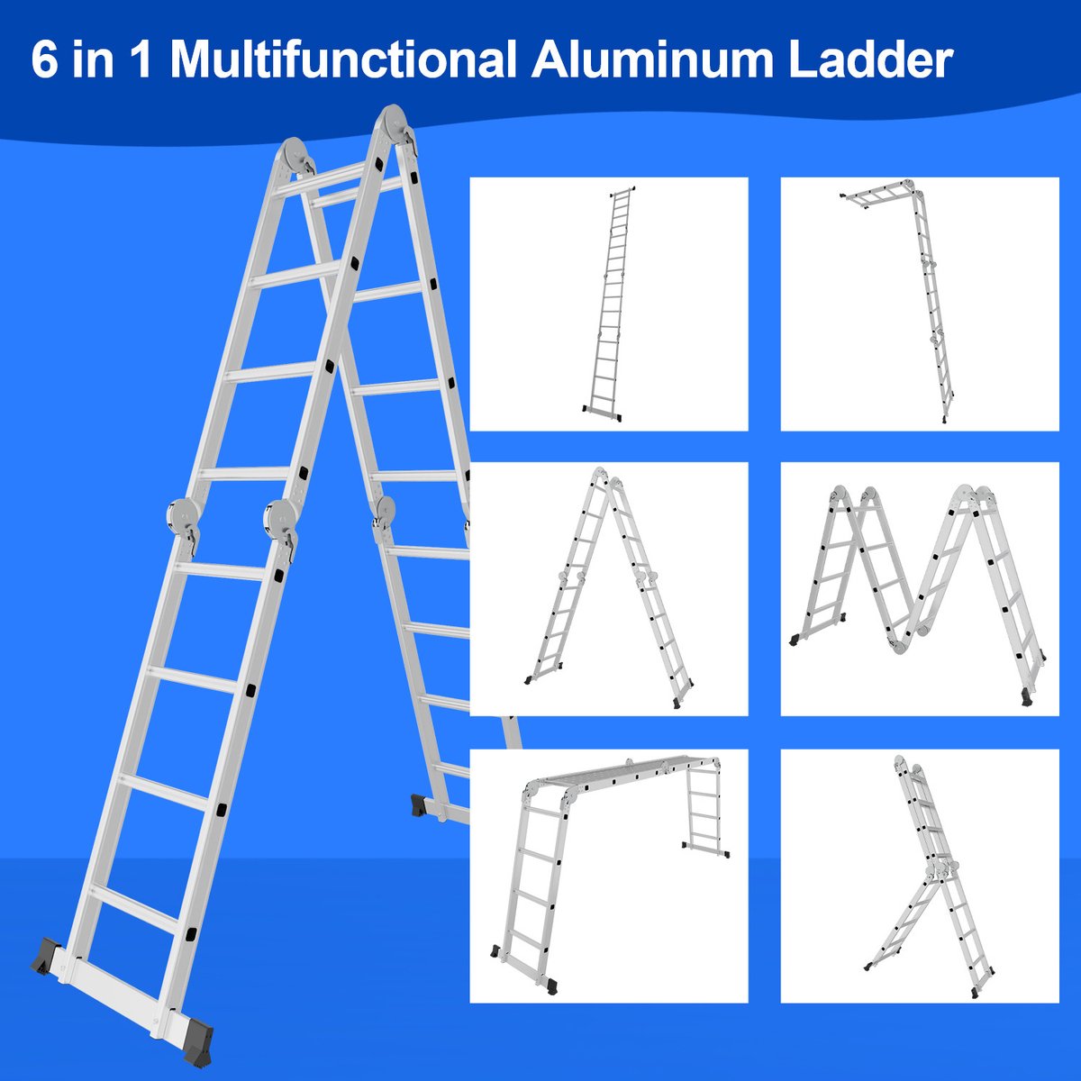 Multifunctionele vouwladder 6 in 1 - 3.6M Vouwladder 4 x 3 treden met platform - Draagvermogen tot 150 kg, Aluminium Ladder, Mobiele Multifunctionele Ladder met Werkplatform, Stelling, Aluminium Rolsteiger, Huishoudladder - Zilver – foto 5