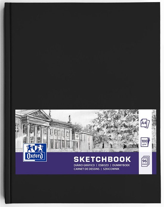 Oxford Carnet De Dessin, A4, 96 feuilles, 100g, Couverture rigide en noir