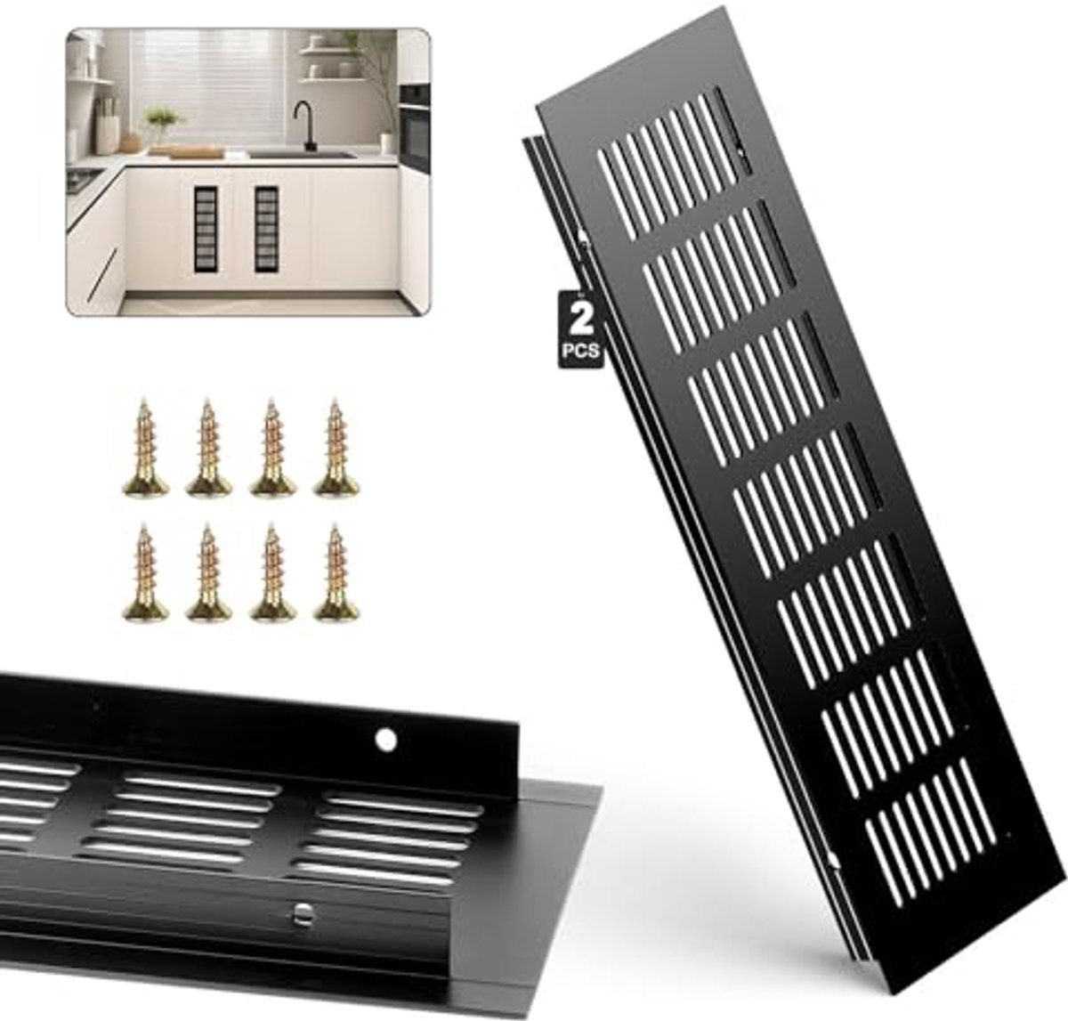2 stuks Aluminium Ventilatierooster 30 x 8 cm - Rechthoekig Luchtrooster voor Ventilatie in Badkamer, Keuken, Kasten