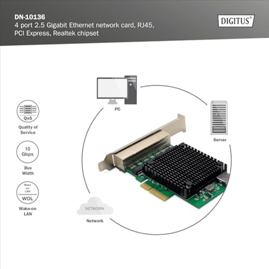 DIGITUS 2.5 Gigabit Server Netwerkkaart – 4-poort RJ45, PCIe X4, RTL8125B, 10/100/1000/2500 Mbps