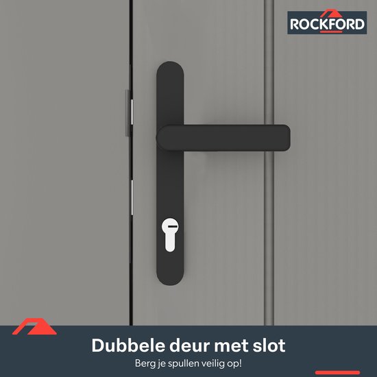 Rockford Porto 200 metalen tuinhuis met lessenaarsdak - Tuinschuur met centraal slot, polycarbonaat ramen en regenpijpen - 232 x 254 cm - Grijs