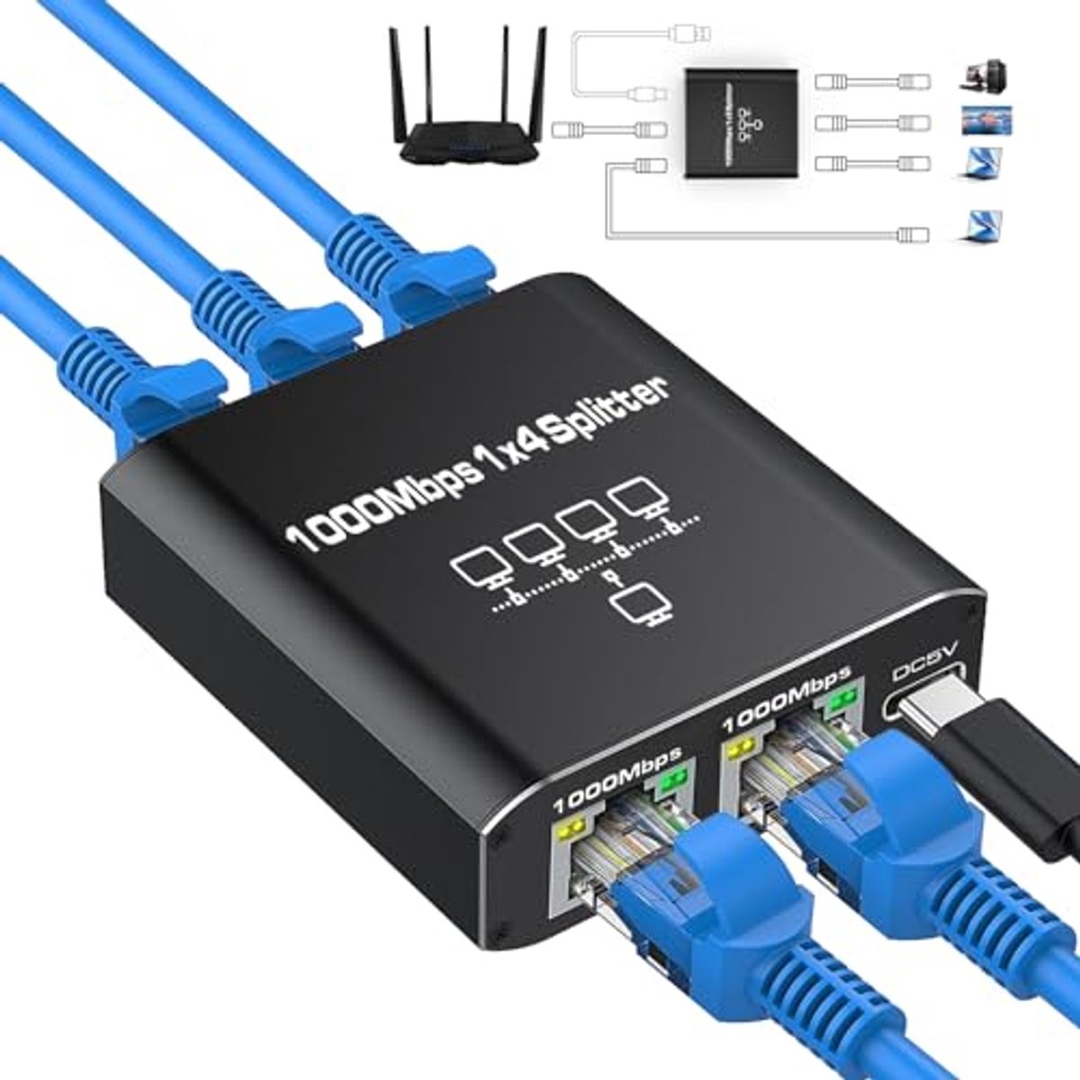 LAN Splitter 1 naar 4 - Gigabit Ethernet Splitter met RJ45, 1000 Mbps, Ethernet Switch voor Computer en Router